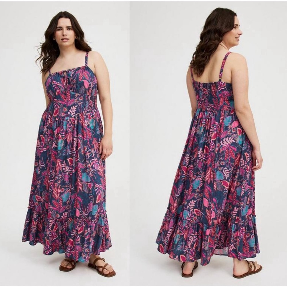 Floral Print Smocked Maxi Dress - Pink & Blue